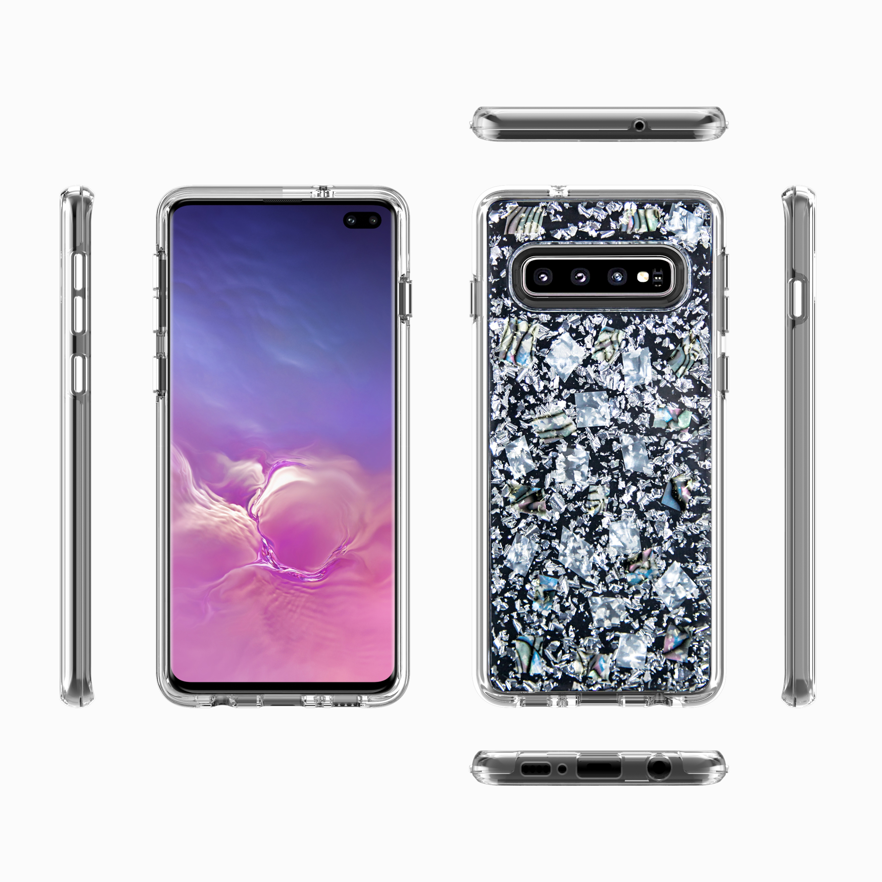 Galaxy S10e Luxury GLITTER Dried Natural Flower Petal Clear Hybrid Case (Silver Pearl)